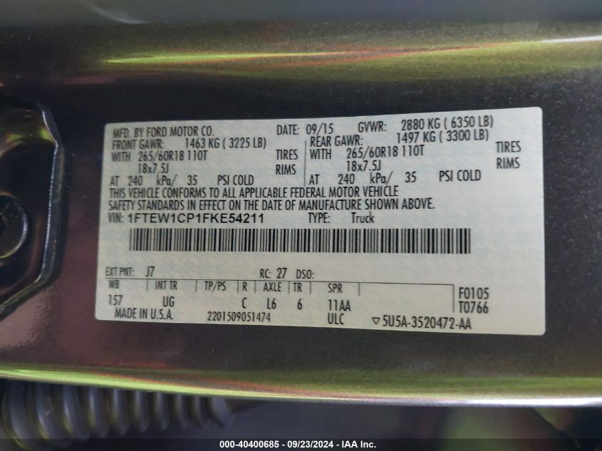 2015 Ford F-150 Xlt VIN: 1FTEW1CP1FKE54211 Lot: 40400685