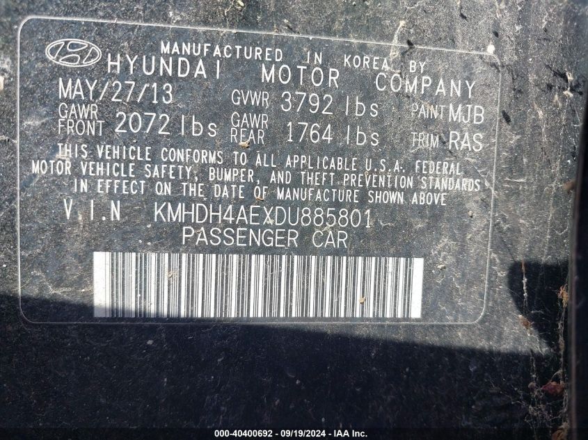 KMHDH4AEXDU885801 2013 Hyundai Elantra Limited