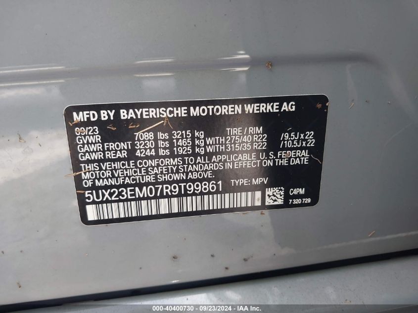 2024 BMW X7 xDrive40I VIN: 5UX23EM07R9T99861 Lot: 40400730