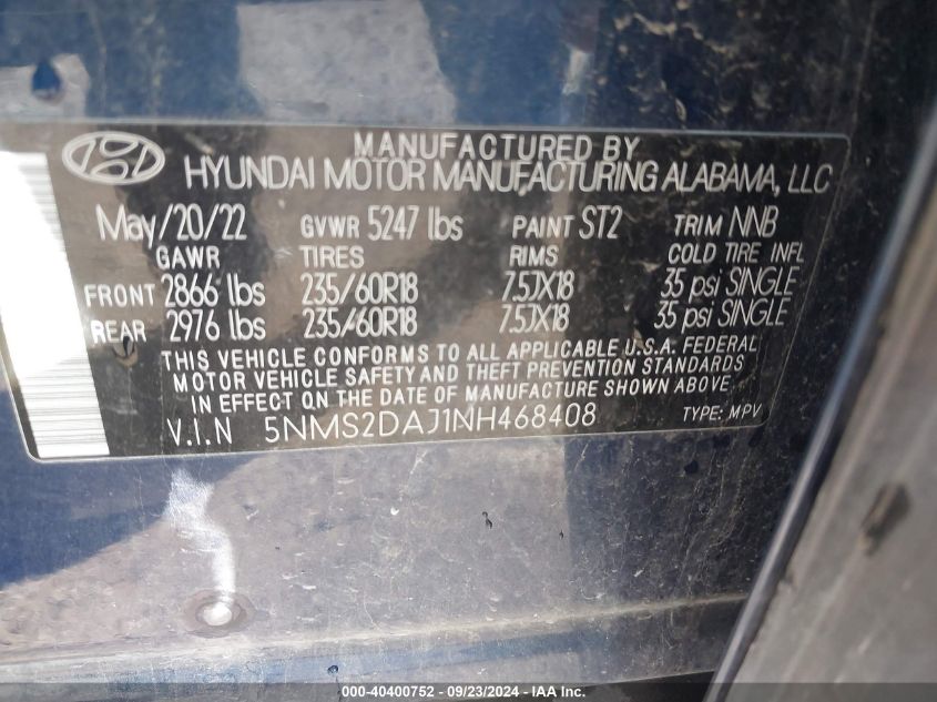 2022 Hyundai Santa Fe Sel VIN: 5NMS2DAJ1NH468408 Lot: 40400752