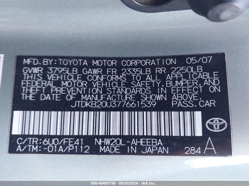 JTDKB20U377661539 2007 Toyota Prius