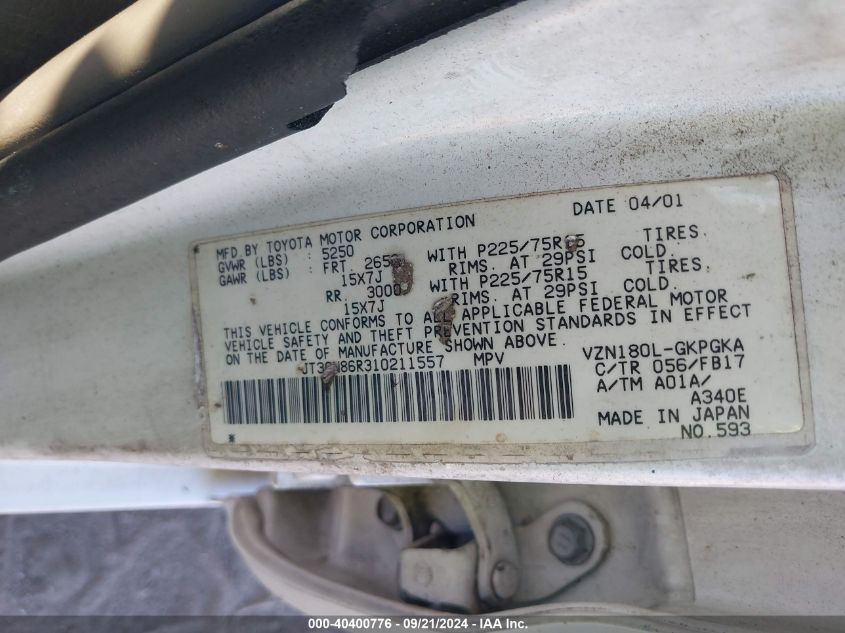 JT3GN86R310211557 2001 Toyota 4Runner Sr5 V6