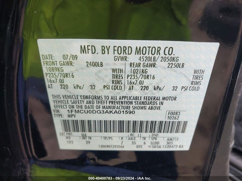 1FMCU0DG3AKA01590 2010 Ford Escape Xlt