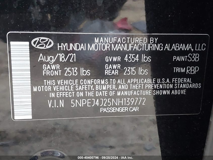 2022 Hyundai Sonata Sel Plus VIN: 5NPEJ4J25NH139772 Lot: 40400796