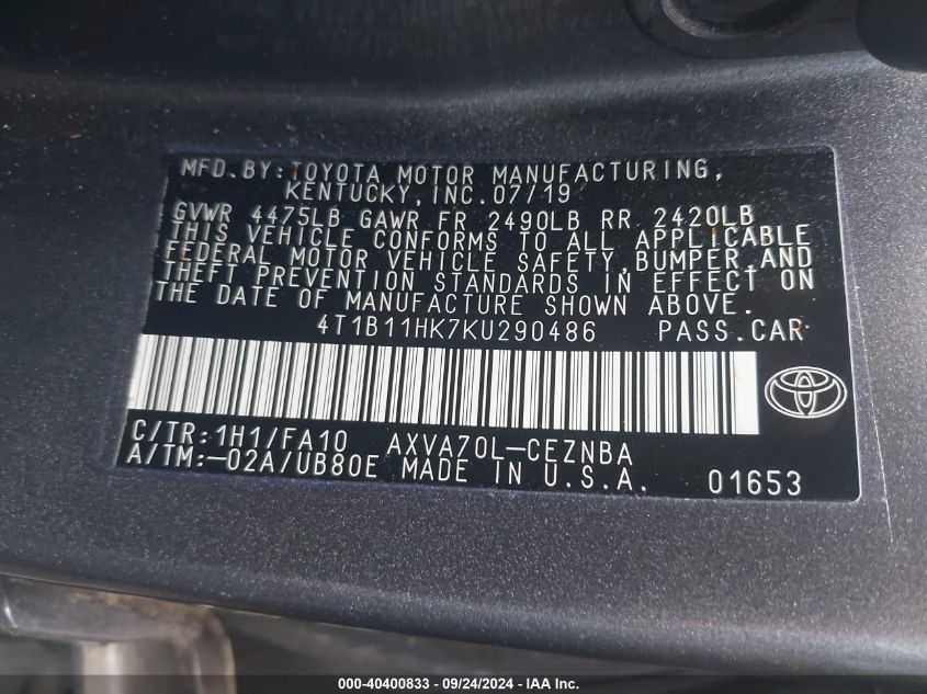 4T1B11HK7KU290486 2019 Toyota Camry L/Le/Xle/Se/Xse