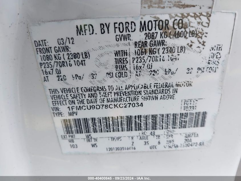 1FMCU9D78CKC27034 2012 Ford Escape Xlt