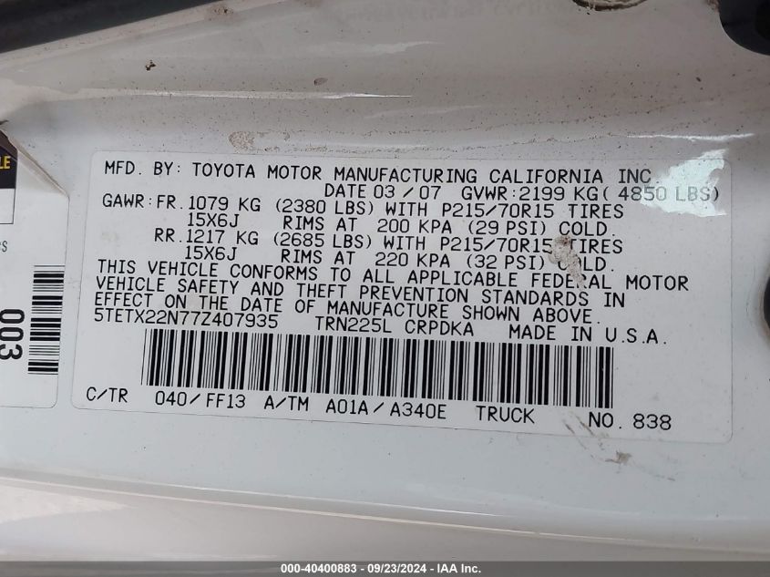 5TETX22N77Z407935 2007 Toyota Tacoma Access Cab