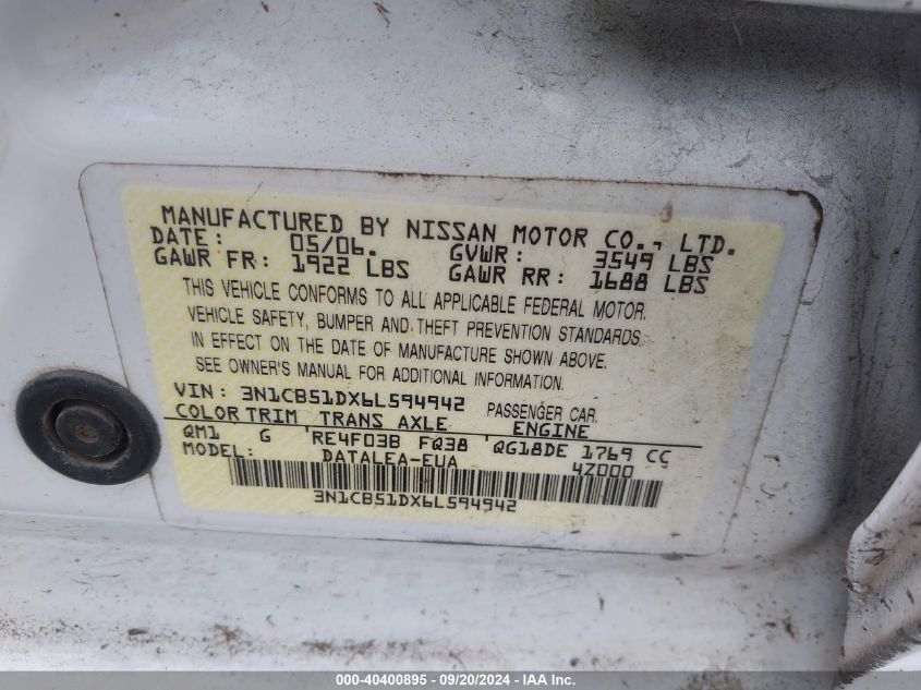 3N1CB51DX6L594942 2006 Nissan Sentra 1.8S