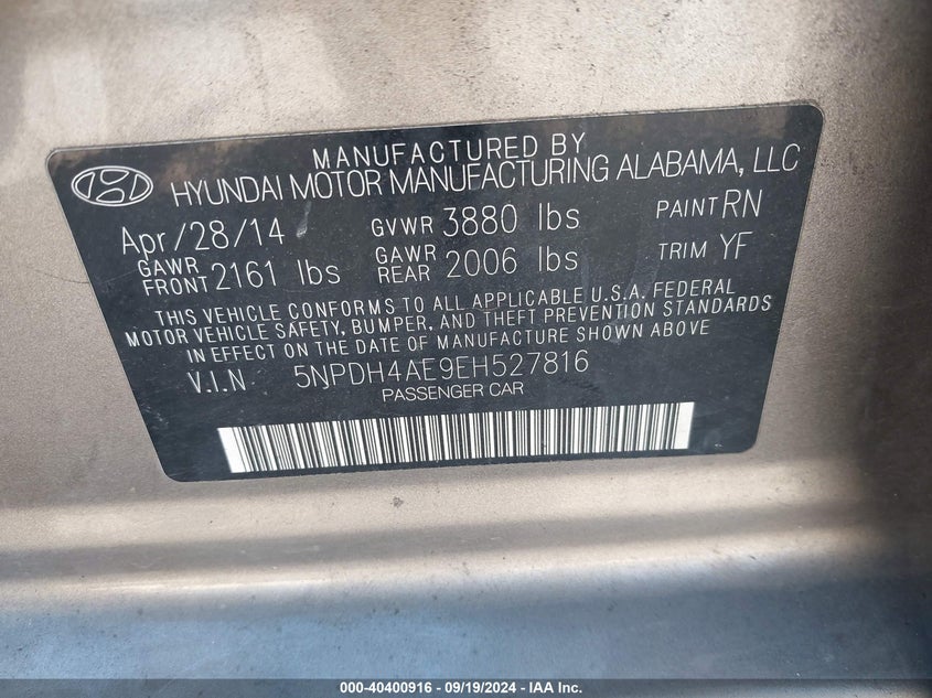 5NPDH4AE9EH527816 2014 Hyundai Elantra Se