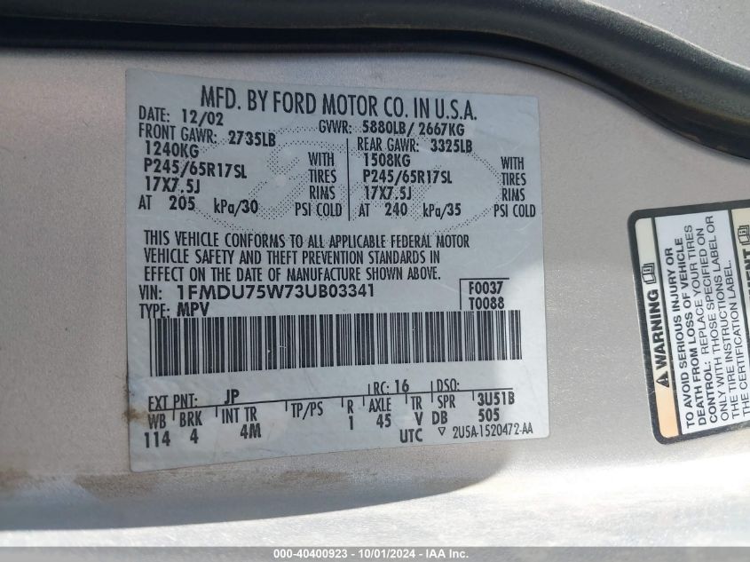 1FMDU75W73UB03341 2003 Ford Explorer Limited