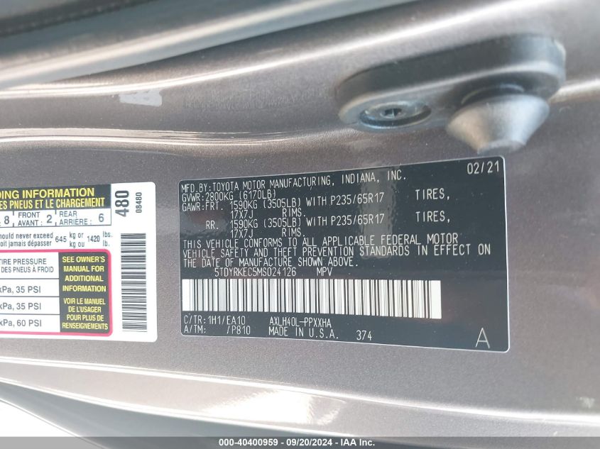 5TDYRKEC5MS024126 2021 Toyota Sienna Xle