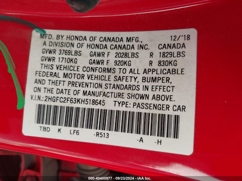 2HGFC2F63KH518645 2019 Honda Civic Lx