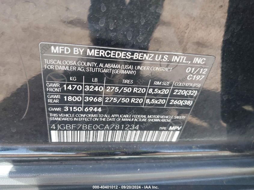 4JGBF7BE0CA781234 2012 Mercedes-Benz Gl 450 4Matic