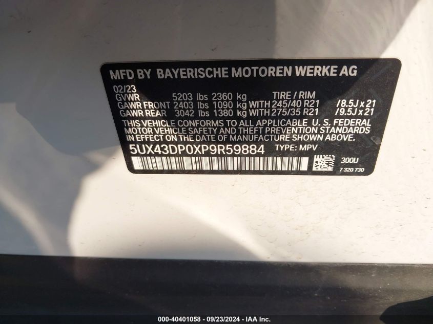 2023 BMW X3 Sdrive30I VIN: 5UX43DP0XP9R59884 Lot: 40401058