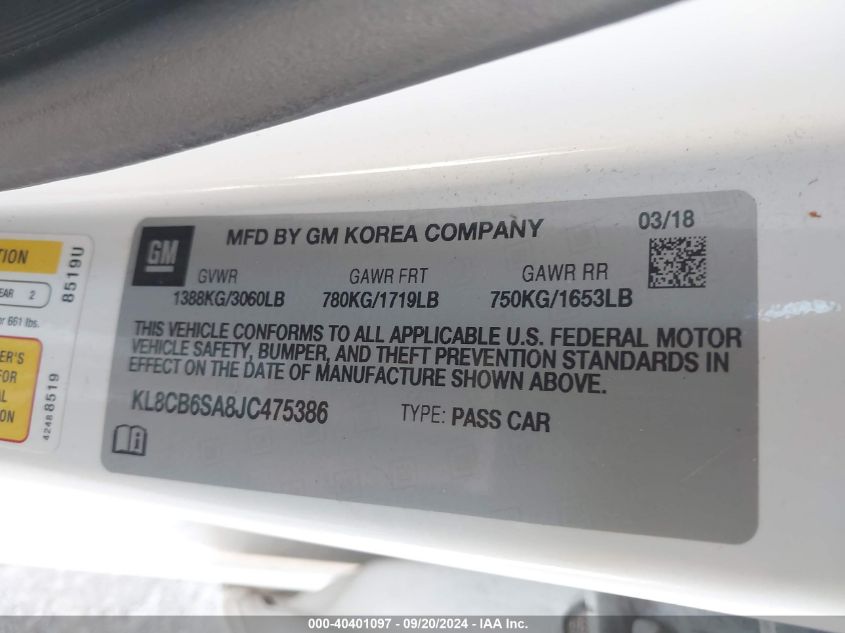 KL8CB6SA8JC475386 2018 Chevrolet Spark Ls Cvt