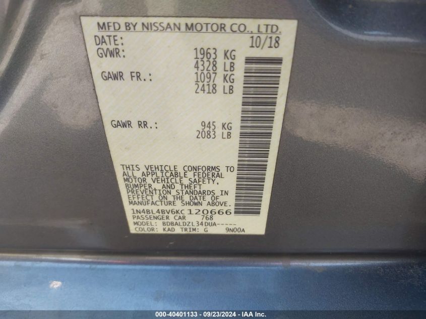 1N4BL4BV6KC120666 2019 Nissan Altima 2.5 S