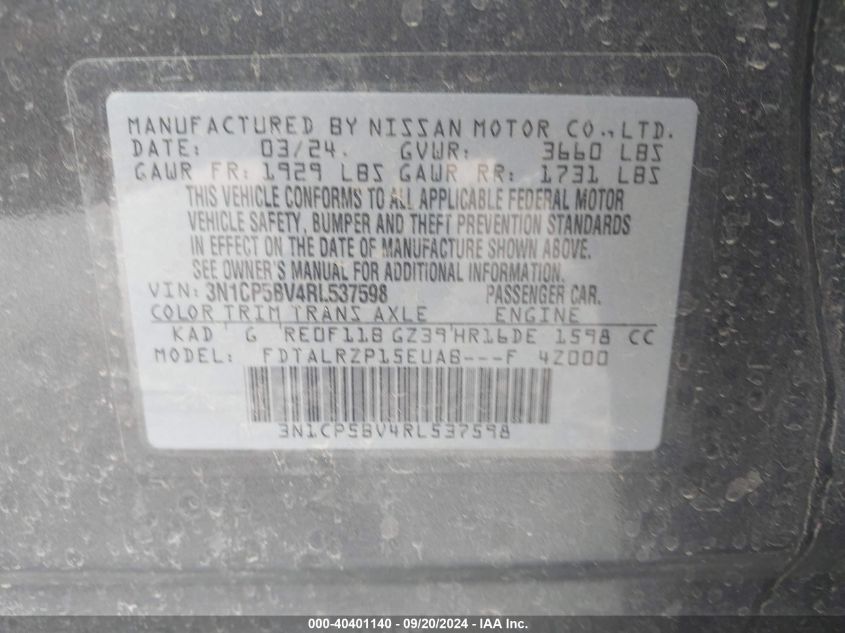 2024 Nissan Kicks S Xtronic Cvt VIN: 3N1CP5BV4RL537598 Lot: 40401140