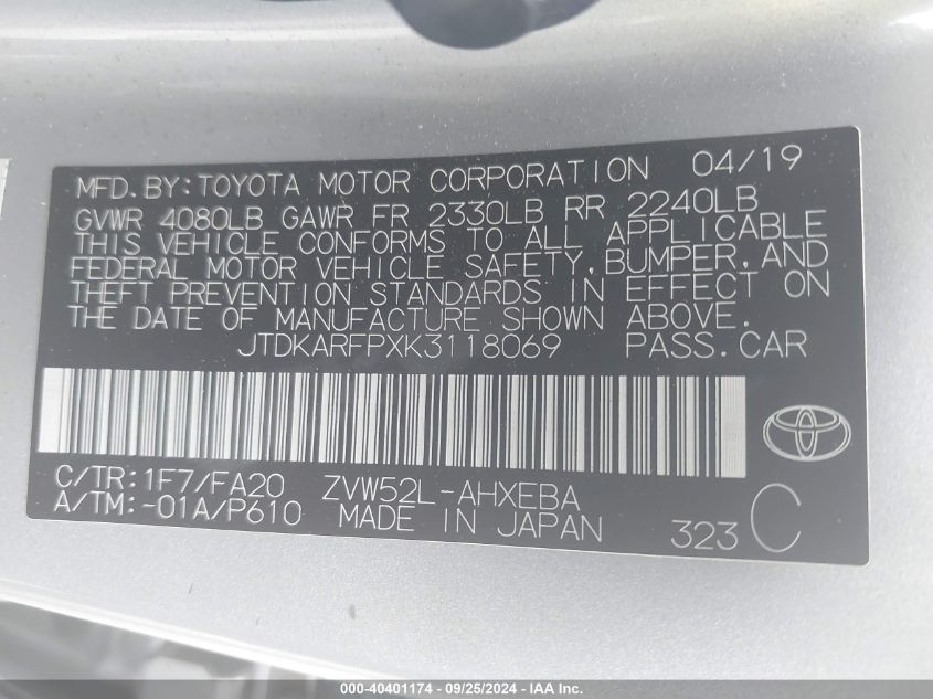 2019 Toyota Prius Prime Plus VIN: JTDKARFPXK3118069 Lot: 40401174