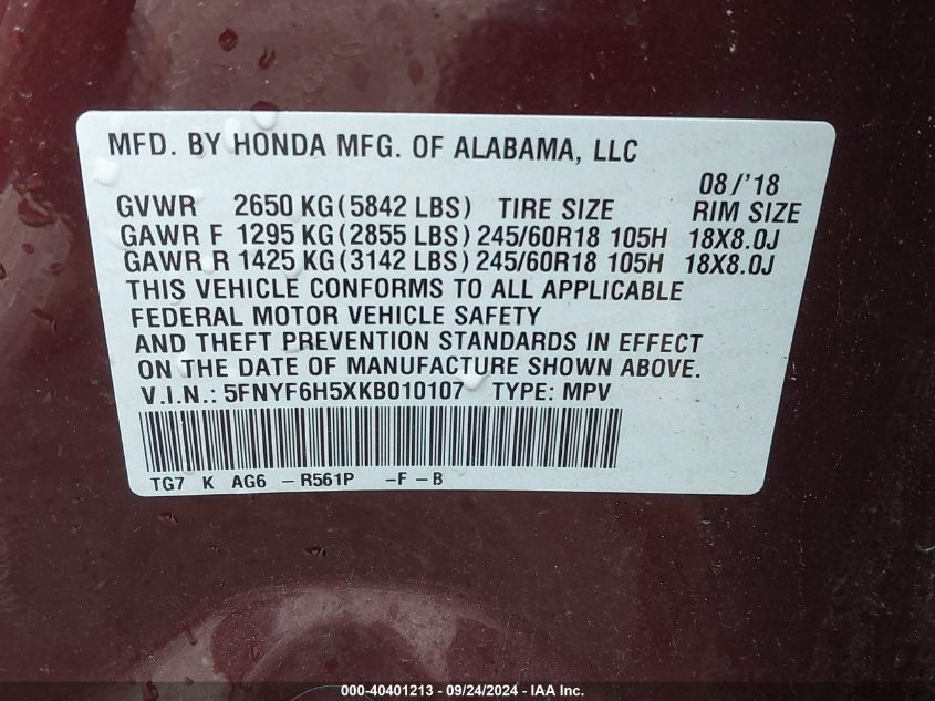 5FNYF6H5XKB010107 2019 Honda Pilot Exl