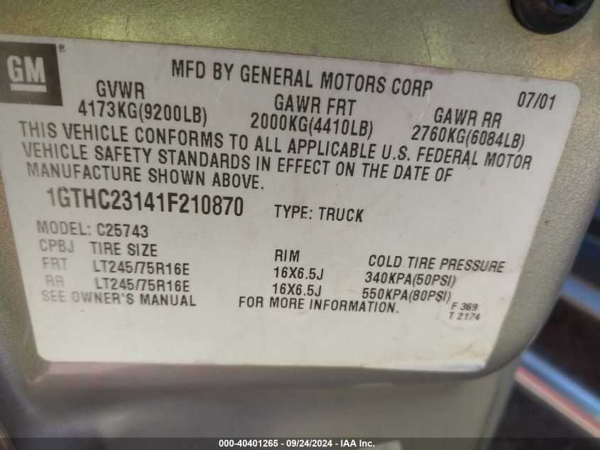 1GTHC23141F210870 2001 GMC Sierra C2500 Heavy Duty