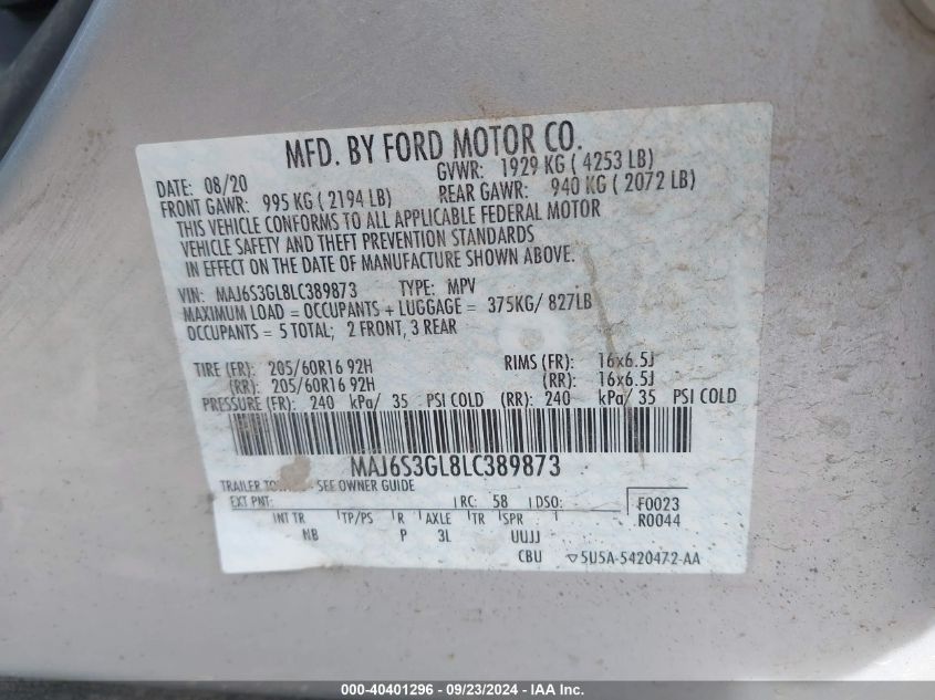 MAJ6S3GL8LC389873 2020 Ford Ecosport Se