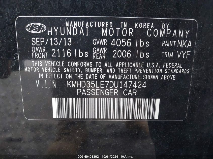 2013 Hyundai Elantra Gt VIN: KMHD35LE7DU147424 Lot: 40401302