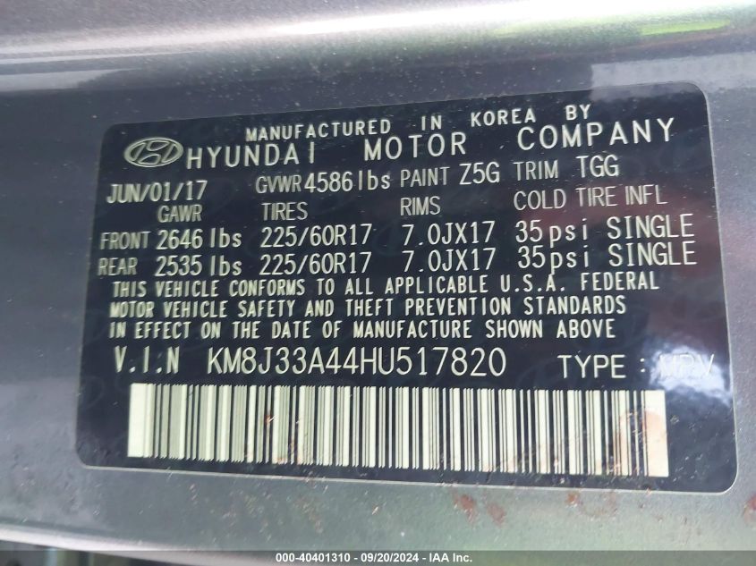 KM8J33A44HU517820 2017 Hyundai Tucson Se