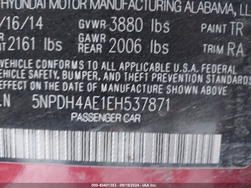 5NPDH4AE1EH537871 2014 Hyundai Elantra Se