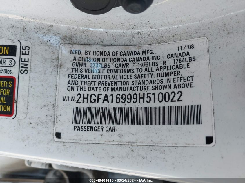 2HGFA16999H510022 2009 Honda Civic Ex-L