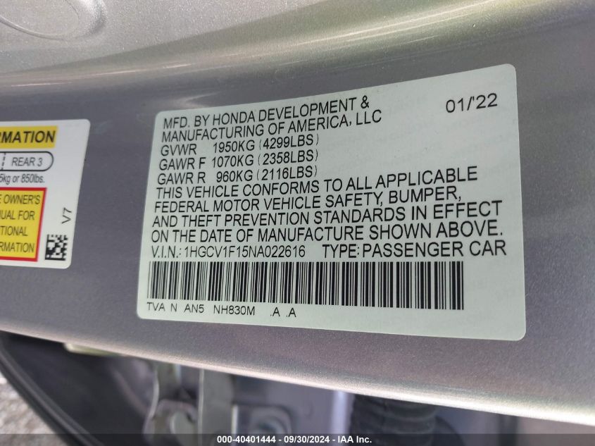 2022 Honda Accord Lx VIN: 1HGCV1F15NA022616 Lot: 40401444