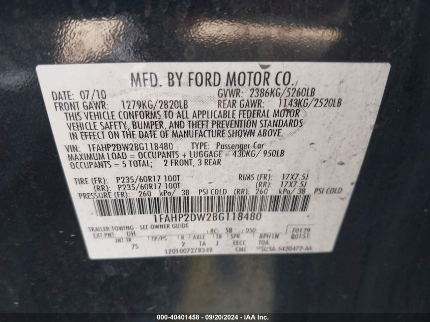 2011 Ford Taurus Se VIN: 1FAHP2DW2BG118480 Lot: 40401458