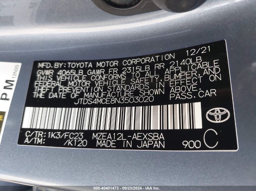 2022 Toyota Corolla Se VIN: JTDS4MCE8N3503020 Lot: 40401473