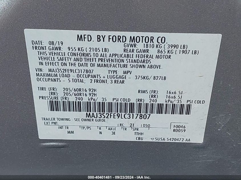 MAJ3S2FE9LC317807 2020 Ford Ecosport S