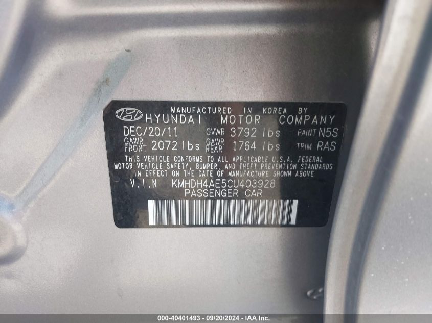 KMHDH4AE5CU403928 2012 Hyundai Elantra Gls (Ulsan Plant)