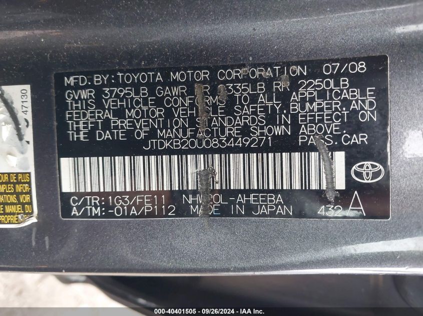 JTDKB20U0834492 2008 Toyota Prius