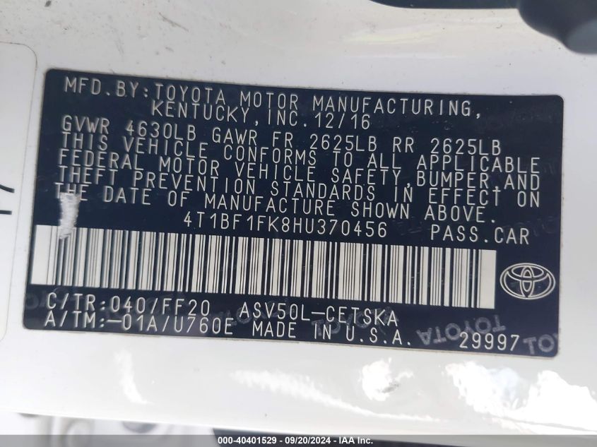 4T1BF1FK8HU370456 2017 Toyota Camry Se