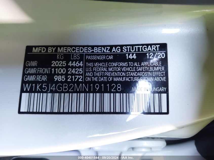 W1K5J4GB2MN191128 2021 Mercedes-Benz Cla 250