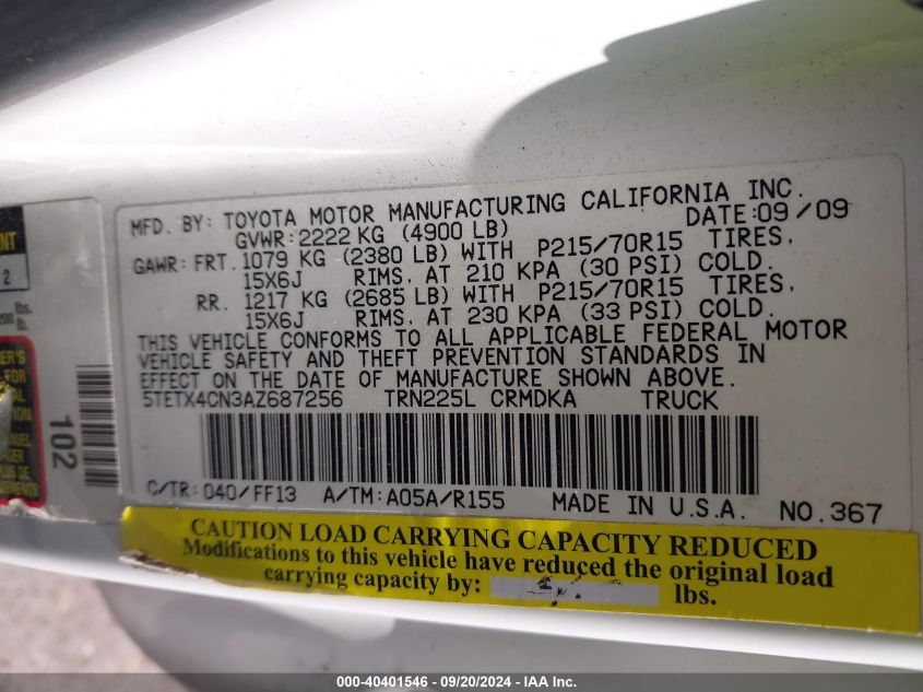 2010 Toyota Tacoma VIN: 5TETX4CN3AZ687256 Lot: 40401546