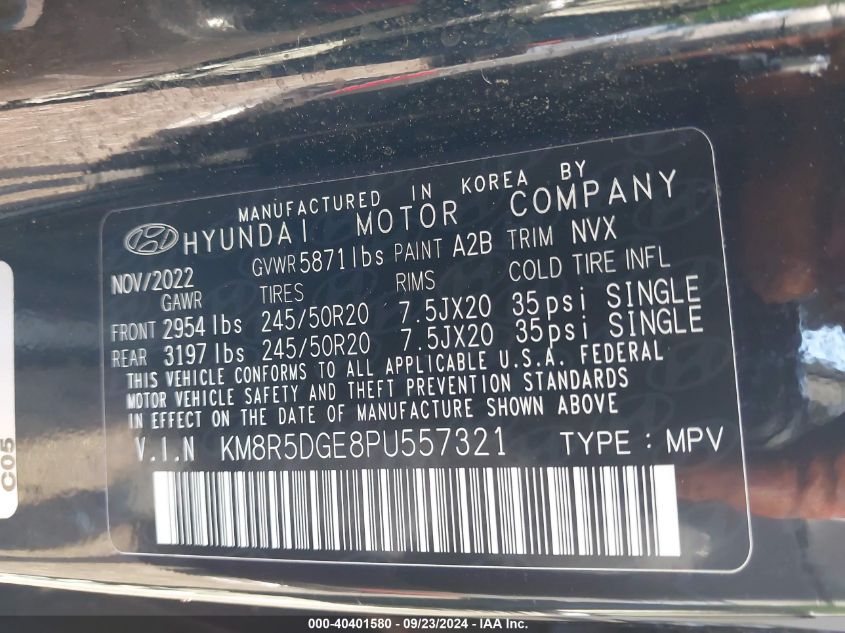 2023 Hyundai Palisade Limited VIN: KM8R5DGE8PU557321 Lot: 40401580