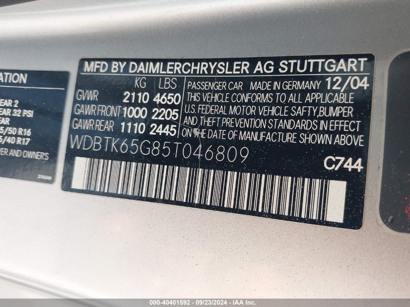 WDBTK65G85T046809 2005 Mercedes-Benz Clk 320 320