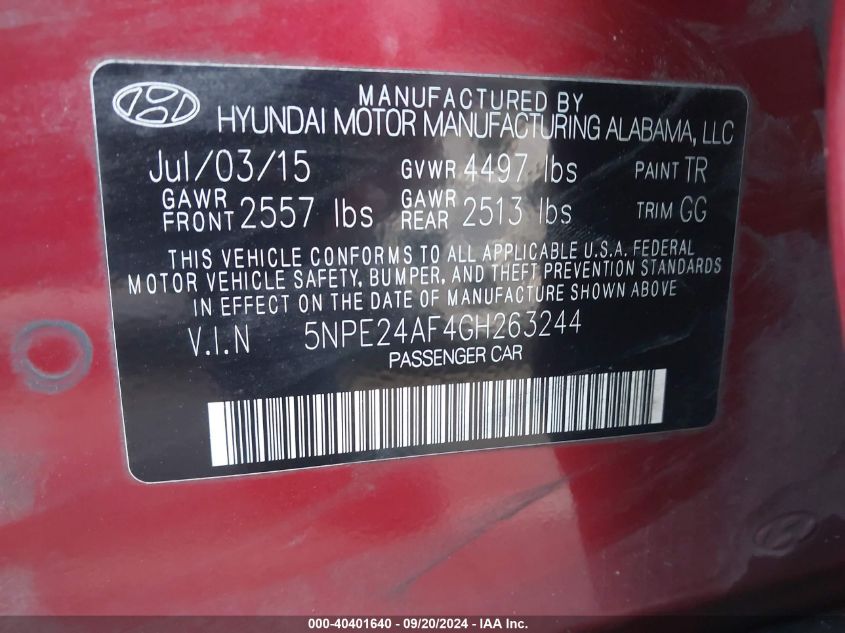 5NPE24AF4GH263244 2016 Hyundai Sonata Se