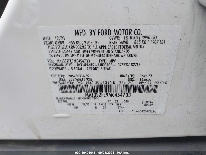 2021 Ford Ecosport S VIN: MAJ3S2FE9MC454733 Lot: 40401645