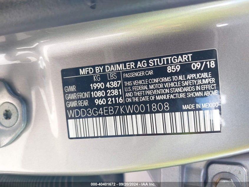 VIN WDD3G4EB7KW001808 2019 MERCEDES-BENZ A 220