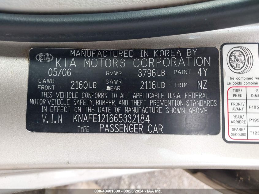 KNAFE121665332184 2006 Kia Spectra Ex/Lx/Sx