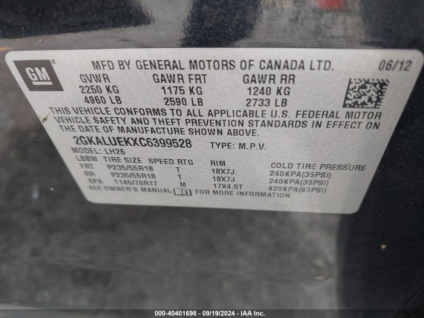 2012 GMC Terrain Slt-1 VIN: 2GKALUEKXC6399528 Lot: 40401698