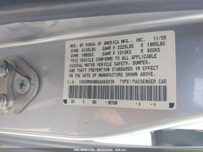 1HGCM56886A040939 2006 Honda Accord 2.4 Ex