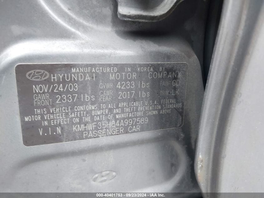 KMHWF35H84A997589 2004 Hyundai Sonata Gls/Lx