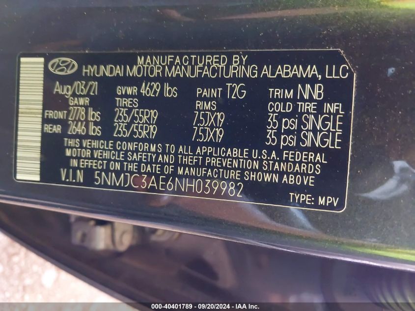 5NMJC3AE6NH039982 2022 Hyundai Tucson Sel