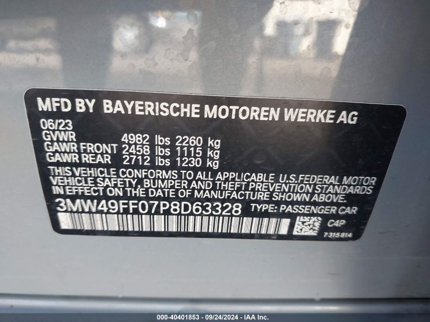 2023 BMW 3 Series M340I xDrive VIN: 3MW49FF07P8D63328 Lot: 40401853