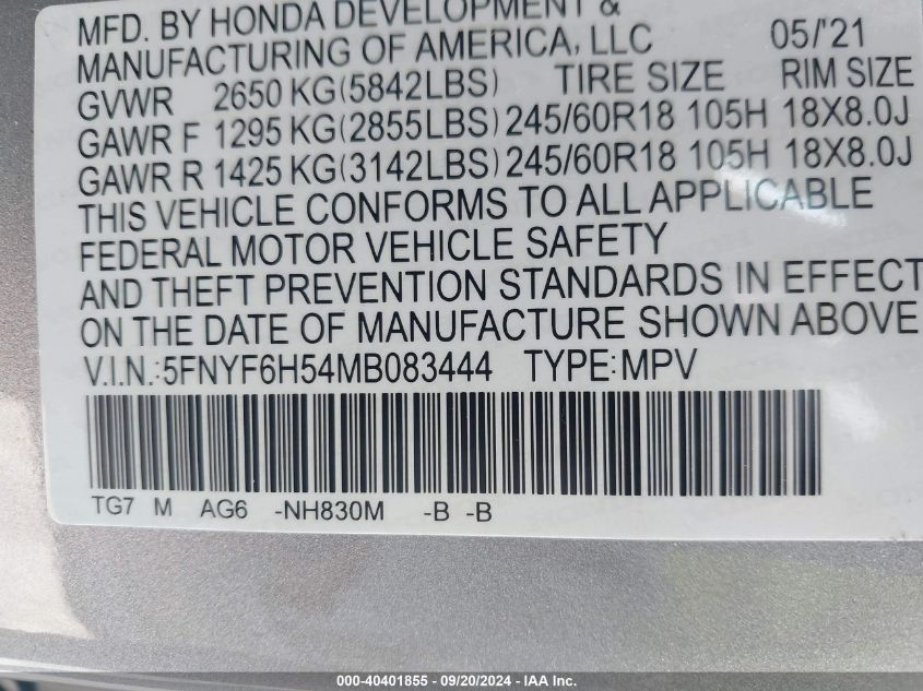 2021 Honda Pilot Awd Ex-L VIN: 5FNYF6H54MB083444 Lot: 40401855